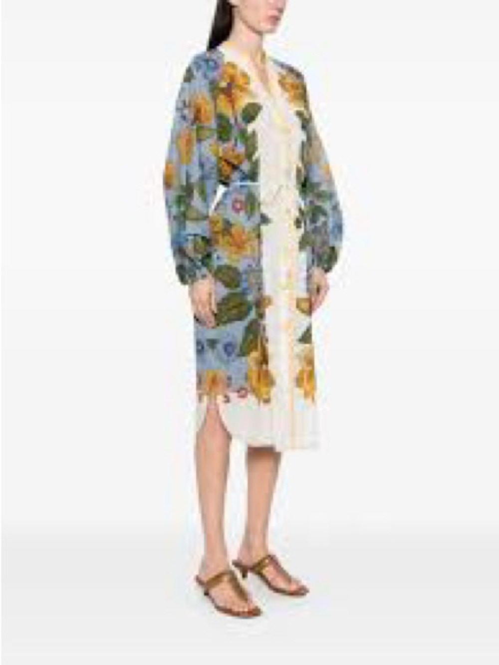 FARM Rio Blue Floral Open Cardigan Midi Dress with Yellow Accents
